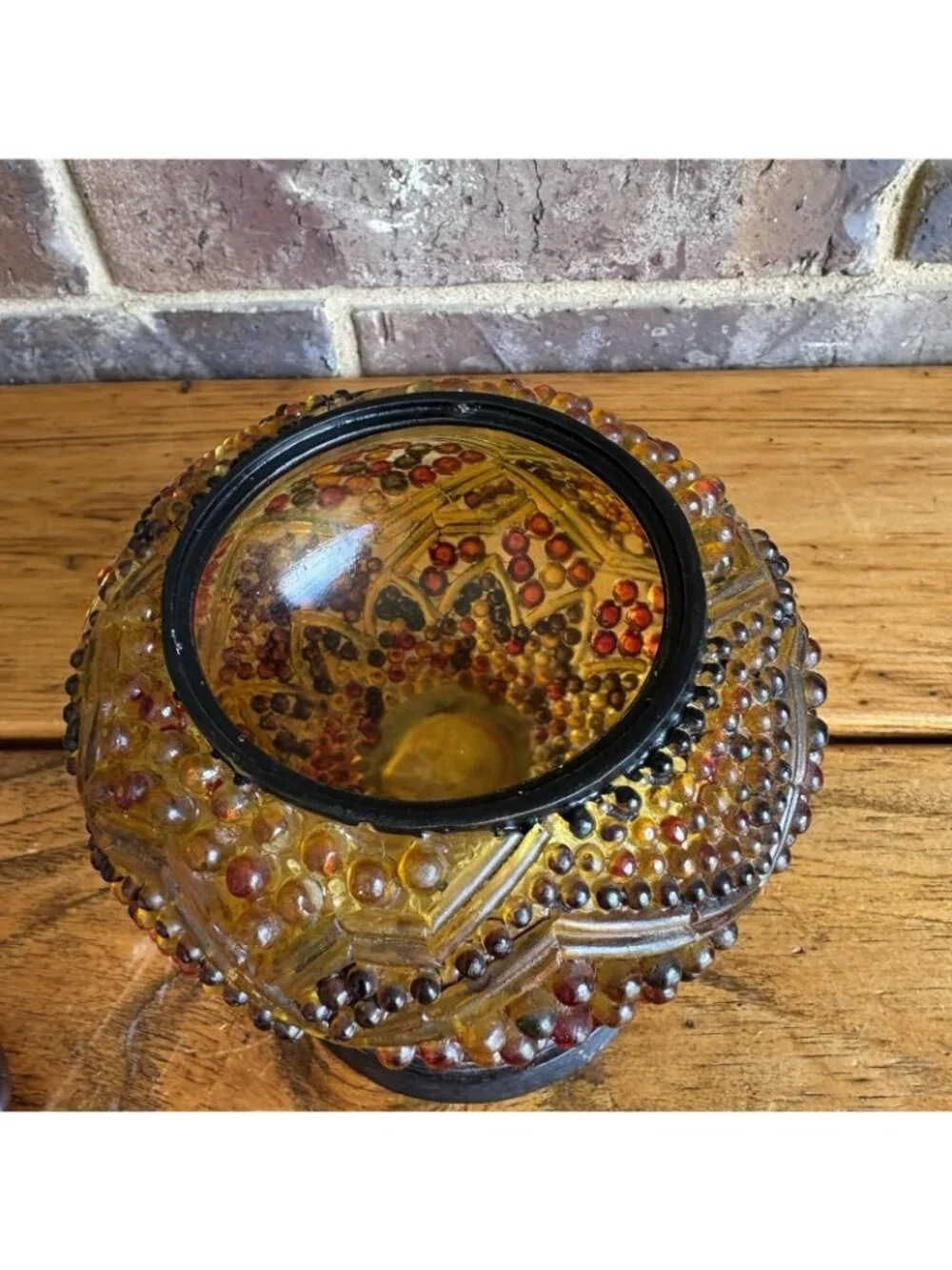Vintage Amber Bronze Color Hobnail Lucite Round Powder Jar Trinket Box Resin Lid